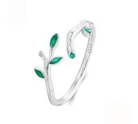 Anillo Apertura Hoja Verde Plata Esterlina S925, Banda Simple Bañada Platino Mujer, Anillo Apilable Ajustable Forma Rama Plata y Hoja Olivo Verde, Anillo Diseño Rama Retro