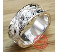 Anillo Bohemio de Plata S925 con Hoja y Flor, Joyería Vintage de Banda Ancha para Mujeres