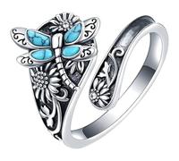 Anillo clásico de mariposa turquesa, estilo bohemio de girasol antiguo, tamaño ajustable 6-8, caja de regalo incluida, Una talla, Metal, No es una piedra preciosa, Una talla, Metal, No es una piedra