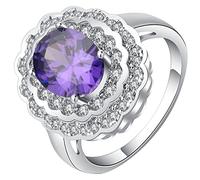 Anillo Compromiso, Juego Anillos Boda Flor con Zirconia Cúbica Morada Plata Púrpura Talla 15