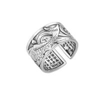 Anillo con adorno, anillo con carpa koi, anillo con sutra del corazón budista de Feng Shui, anillo de plata esterlina con suerte, amuleto de riqueza, anillos ajustables con apertura, joyería, plat