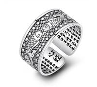 Anillo con adorno, anillo de apertura chino budista Sutra de corazón vintage, anillo de dedo con bendición de Buda, dragón y loto para hombres y mujeres, joyería
