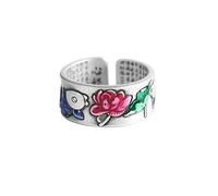 Anillo con adorno, anillo de pez de loto de plata esterlina 999, exquisito anillo de sutra abierto de estilo chino para amantes del yoga, amantes de las joyas de plata