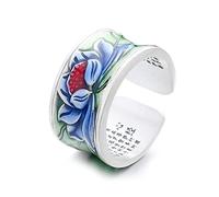 Anillo con adorno de plata de ley 925, anillo de loto con esmalte colorido, exquisito anillo de sutra de corazón de banda ancha unisex para meditación de yoga, azul
