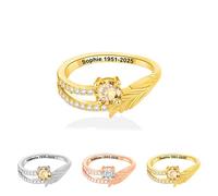 Anillo conmemorativo personalizado con piedra natal con texto en inglés "I'm Always With You", anillo con nombre personalizado con ala, anillos de promesa grabados para mujeres y madres, anillos