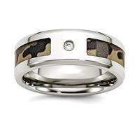 Anillo de acero inoxidable grabado pulido con circonita cúbica de imitación de diamante impreso marrón camuflaje bajo banda de goma, talla 9, joyería para mujer