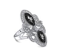 Anillo de armadura de dedo completo estilo Art Decó con filigrana de CZ blanco y negro, declaración de moda ancha para mujeres, latón plateado en plata