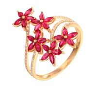 Anillo de boda de 18 quilates de rubí creado en laboratorio, 5 flores con rubí y diamante de 1,05 ct talla sólida no chapada moda para hermana Navidad y joyas, 56.5, Oro amarillo de 18 quilates, Rubí