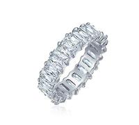 Anillo de boda de aniversario de eternidad estilo Art Deco con circonita cúbica AAA de corte esmeralda baguette para mujer en plata de ley .925 de 4MM