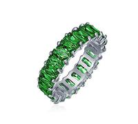 Anillo de boda de aniversario de eternidad estilo Art Deco con circonita cúbica simulada verde esmeralda cortada en baguette para mujer de plata esterlina .925 de 4MM