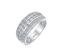 Anillo de boda de declaración ancho de 3 filas con cúpula de corte princesa de canal de media eternidad de circonita cúbica AAA estilo Art Deco para mujer en plata de ley .925 ajuste cómodo de 8MM