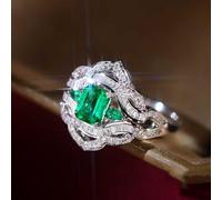 Anillo de boda vintage de oro blanco de 14 quilates geométrico con esmeralda creada de 0,59 quilates y moissanita, talla V 1/2, sólido, no chapado, moda para cumpleaños de tía, V 1/2, Oro blanco