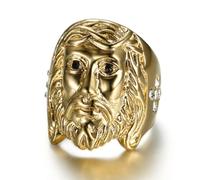 Anillo de cabeza de Jesús de Cristo de Oro para Hombres Roca Jesús Anillo de Cara de Dios Cristiano Joyería para Hombre, Acero inoxidable, Sin piedras preciosas