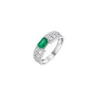 Anillo de compromiso, anillos de plata góticos para mujer con esmeralda rectangular de 0,45 quilates y diamante de oro blanco de 0,28 quilates, N 1/2, Oro blanco de 14 quilates, Esmeralda