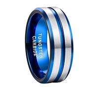 Anillo de compromiso de boda de doble línea para hombre y mujer, con diseño de ranura en acero de carburo de tungsteno de 8 mm, negro/azul.