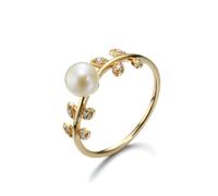 Anillo de compromiso de oro amarillo auténtico de 9 K/14 K/18 K, con perla, hoja de oro Au 375/585/750, anillos de boda Moissanit talla 47-65, Oro amarillo 585 de 14 quilates, Perla