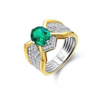 Anillo de compromiso de plata de ley 925, anillos de boda para hombre, plata y oro ancho con esmeralda creada ovalada de 2,13 quilates, Z 1/2, Plata de ley 925, Esmeralda sintética
