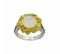 Anillo de compromiso de plata de ley 925 con piedra lunar, citrino, peridoto, apatita, estilo cóctel Art Deco, X 1/2, Piedra preciosa., Piedra lunar, citrino, peridoto, apatita