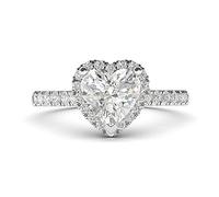 Anillo de compromiso de plata de ley con forma de corazón de imitación o halo de moissanita con piedras laterales, Plata, Moissanita