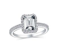 Anillo de compromiso estilo Art Deco 5CT con solitario de corte esmeralda rectangular y halo de AAA CZ para mujer con banda delgada de pavé de 1MM en plata de ley .925