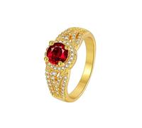Anillo de compromiso grande, anillos de banda para mujer, elegantes con forma redonda roja, rubí y oro amarillo creado en laboratorio, N 1/2, Oro amarillo de 9 quilates, Rubí creado en laboratorio