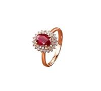 Anillo de compromiso para mujer, anillo de plata para mujer, flor con rubí ovalado de 1 quilate y diamante, oro rosa de 9 quilates, 14 quilates y 18 quilates, L 1/2, Oro rosa de 14 quilates, Rubí