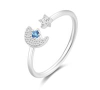 Anillo de compromiso para mujer, oro blanco, anillo abierto con luna y estrella, ajustable con azul, talla redonda, zafiro, Oro blanco de 9, Zafiro