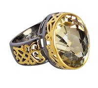 Anillo de cuarzo limón, plata de ley 925 chapada en rodio negro y oro amarillo, piedra preciosa ovalada de 19 x 15 mm, elegante anillo de cóctel multicolor 66 (21.00)