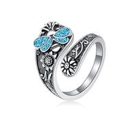 Anillo de cuchara de plata de ley 925 con turquesa auténtica, libélula/mariposa/abeja/mariquita, anillo vintage bohemio de girasol para pulgar, anillo de envoltura de flores, regalo para mujeres