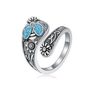 Anillo de cuchara de plata de ley 925 con turquesa auténtica, libélula/mariposa/abeja/mariquita, anillo vintage bohemio de girasol para pulgar, anillo de envoltura de flores, regalo para mujeres
