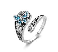 Anillo de cuchara de plata de ley 925 con turquesa auténtica, libélula/mariposa/abeja/mariquita, anillo vintage bohemio de girasol para pulgar, anillo de envoltura de flores, regalo para mujeres