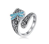Anillo de cuchara de plata de ley 925 con turquesa auténtica, libélula/mariposa/abeja/mariquita, anillo vintage bohemio de girasol para pulgar, anillo de envoltura de flores, regalo para mujeres