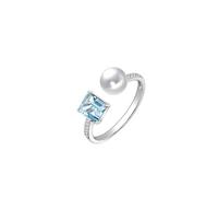 Anillo de declaración, anillo de mujer pulgar abierto con aguamarina, perla y diamante oro blanco, 50 (15.9), Oro blanco de 9, Aguamarina