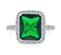 Anillo De Declaración De Cóctel De Estilo Art Deco Con Halo De Pavé De CZ De Solitario De Rectángulo De Moda Con Circonia Cúbica Simulada De Esmeralda Verde De 10CTPara Mujeres Bañado En Plata