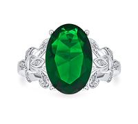 Anillo De Declaración De Cóctel Verde Esmeralda Simulado De Circonia Cúbica De 7CTEstilo Vintage De La Finca AAA CZ De Acento De Pavé Fleur De Lis En Forma De Óvalo Grande Para Mujeres Plateado