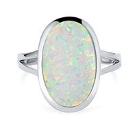 Anillo de declaración de ópalo creado iridiscente blanco con piedra preciosa bohemia, gran óvalo, con banda dividida para mujer adolescente, plata de ley .925 con baño de rodio, piedra de nacimiento