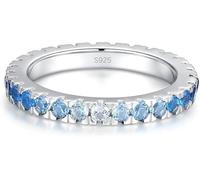 Anillo de eternidad de plata de ley 925 con cristales azules - Anillo de mujer pulido espejo zafiro y turquesa azul - Elegante anillo apilable, 10.5, Plata de ley