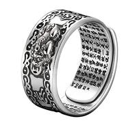Anillo de Feng Shui de plata, anillo ajustable de plata Pixiu, joyería de plata de la suerte, mantra, anillo de riqueza, amuleto de riqueza, anillo ajustable abierto para hombres, Plata