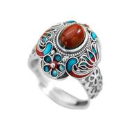 Anillo de flor de loto esmaltado retro con piedra preciosa roja, abierto, ajustable, estilo nacional, floral, yoga, apilable, anillos de declaración de dedos, moda y ajuste cómodo, anillo de boda
