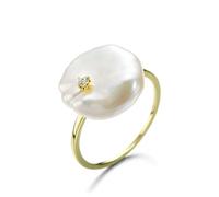 Anillo de joyería para mujer, anillo de 14 quilates para hombre, perla irregular blanca con diamante D, apilable, nudillos para mujer, aniversario, P 1/2, Oro amarillo, Perla