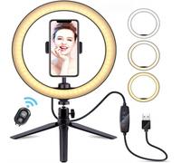 Anillo de luz con soporte giratorio de 360 grados, iluminación LED regulable de 10 pulgadas para colocar sobre el escritorio, incluye control remoto