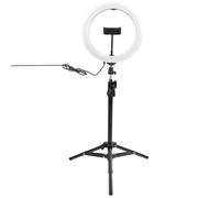 Anillo de luz LED compacto con trípode resistente y niveles de brillo ajustables para creación de contenido, fotografía, vlogs y vídeos selfie.