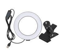 Anillo de luz LED con soporte de pinza para iluminación de webcam, brillo ajustable y alimentación USB. Diseño compacto, estabilidad y durabilidad