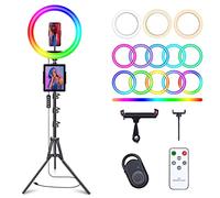 Anillo de luz para Selfie de 10 Pulgadas con Soporte de trípode de 63 Pulgadas y 3 Soportes para teléfono, Anillo de luz LED para cámara con 48 Modos de Colores RGB y Modo de Ritmo Musical y 12