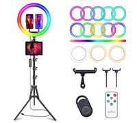 Anillo de luz para Selfie de 12 Pulgadas con Soporte de trípode de 63 Pulgadas y 3 Soportes para teléfono, luz LED para cámara con 48 Modos de Colores RGB y Modo de Ritmo Musical y 12 Brillos
