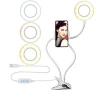 Anillo de luz para selfies, diseño portátil, doble anillo de luz con soporte flexible para teléfono con cuello de cisne para múltiples usos,
