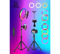 Anillo de luz profesional para selfies de 10" con soporte: 55,5" de altura, 38 colores, regulable, LED de alta velocidad, trípode, compatible con