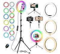 Anillo de luz RGB con trípode extensible de 63", modo CCT y experiencia audiovisual dinámica, ideal para maquillaje, transmisiones en vivo y