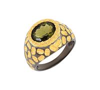 Anillo de moldavita de 10 x 8 mm con bisel verde facetado ovalado chapado en oro, plata de ley con filigrana texturizada hecha a mano para mujer, L1/2,52(16.60), Piedra preciosa, Moldavita