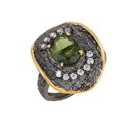 Anillo de moldavita de 10 x 8 mm, ovalado, facetado, verde con detalles de circonita cúbica, juego de garras, estilo filigrana texturizada, anillo de plata de ley, S1/2,61(19.4), Piedra preciosa